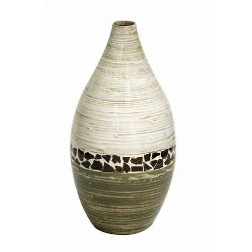 10" X 10" X 20" Distressed White And Green W/ Coconut Shell Bamboo Spun Bamboo Vase