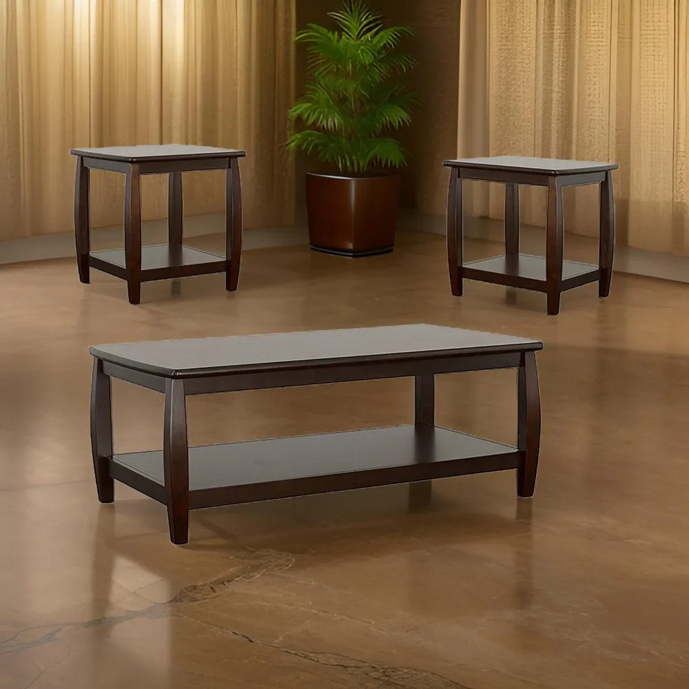 3 Piece Coffee and End Table Set, Open Shelves, Espresso Brown Solid Wood By Casagear Home