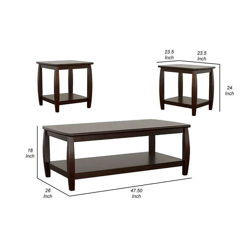 3 Piece Coffee and End Table Set, Open Shelves, Espresso Brown Solid Wood By Casagear Home