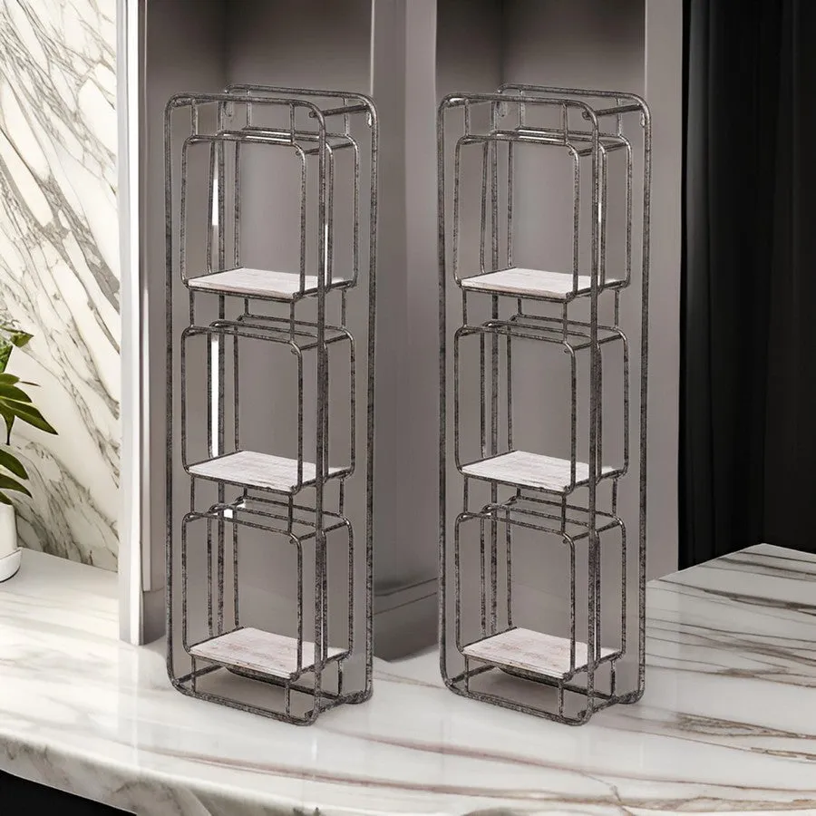 36 Inch Shelves Set of 2, 3 Tier Design, Iron Frame, Wood, Gray Finish By Casagear Home