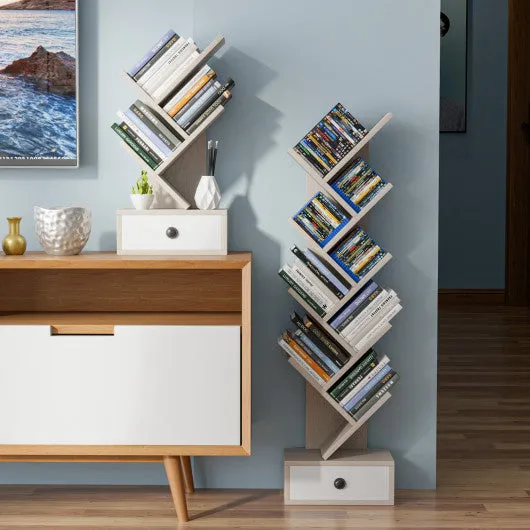 5-Tier Floor Standing Tree Bookcase with Drawer-Beige