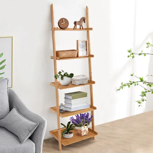 5-Tier Ladder Shelf Bamboo Bookshelf Wall-Leaning Storage Display Plant Stand-Natural