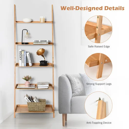 5-Tier Ladder Shelf Bamboo Bookshelf Wall-Leaning Storage Display Plant Stand-Natural