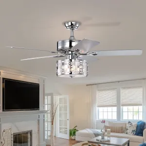 52" Elegant Ceiling Fan Light with Remote, Crystal Chandelier Fan 5 Chrome Reversible Wood Blades