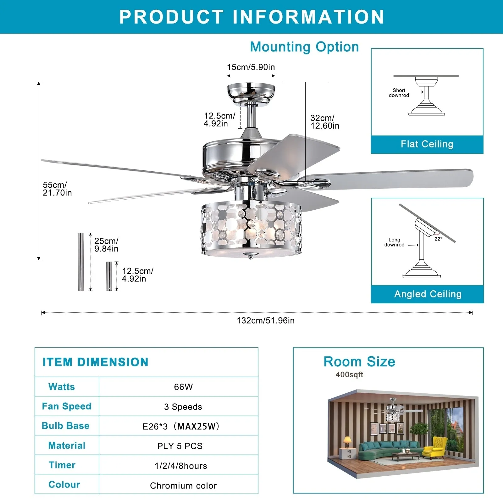 52" Elegant Ceiling Fan Light with Remote, Crystal Chandelier Fan 5 Chrome Reversible Wood Blades