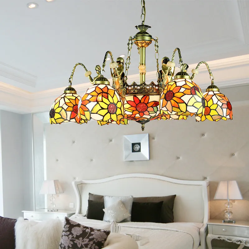 9/11 Lights Tiffany Sunflower Cut Glass Chandelier Pendant Lamp - Orange for Bedroom