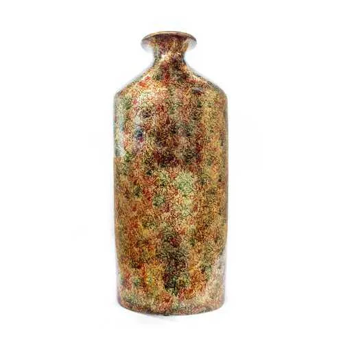 9" X 6.25" X 21.5" Brown Orange Red Green Ceramic Foiled and Lacquered Bottle Vase