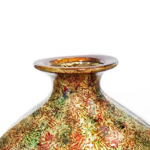 9" X 6.25" X 21.5" Brown Orange Red Green Ceramic Foiled and Lacquered Bottle Vase