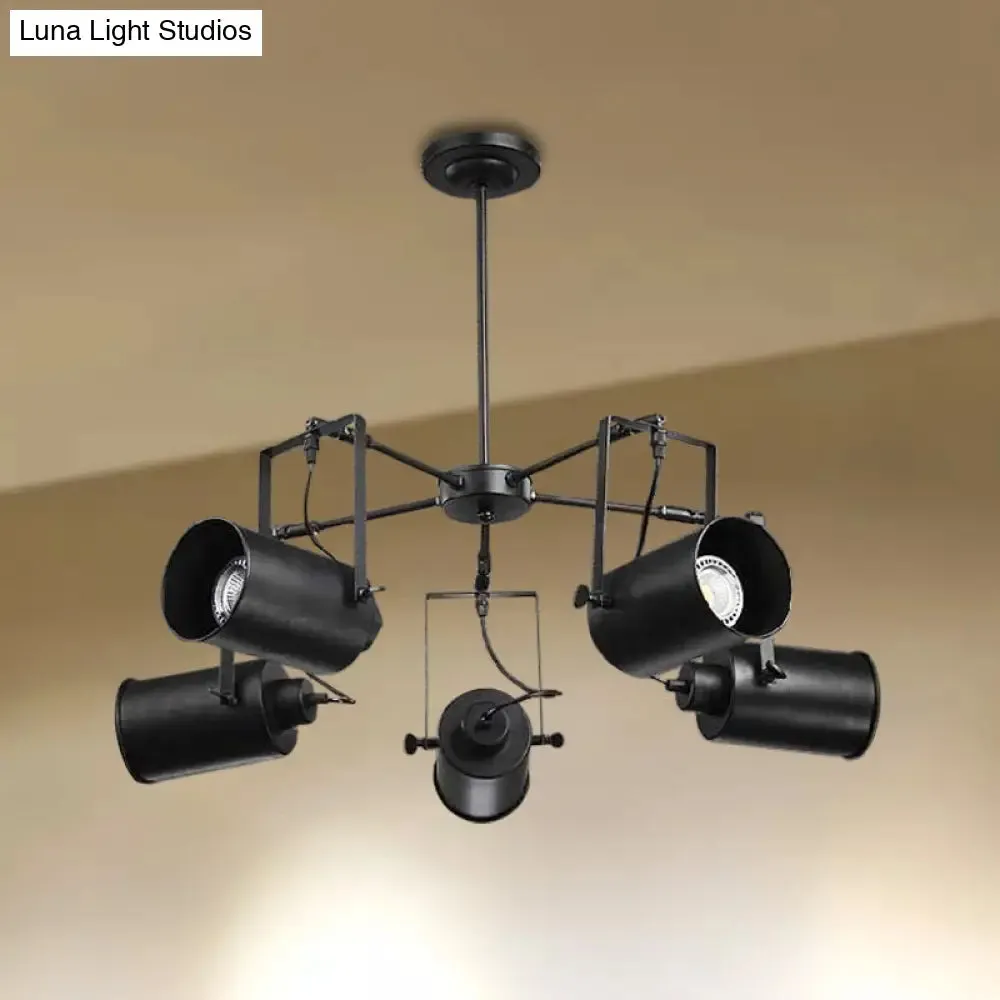 Adjustable 5-Bulb Black Chandelier Pendant Lamp with Retro Metal Cylinder Shade - Elegant Hanging Lighting