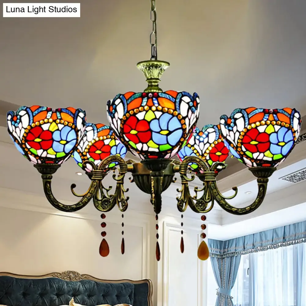 Adjustable Rustic Vintage Floral Chandelier with Stained Glass Hanging Light