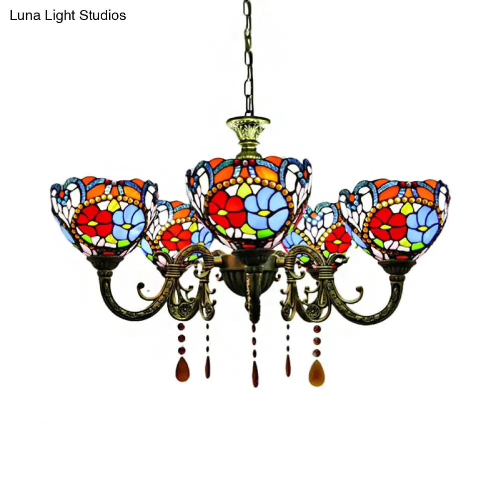 Adjustable Rustic Vintage Floral Chandelier with Stained Glass Hanging Light