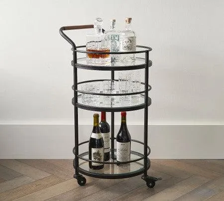 Black Round Two Tier Bar Cart Trolley with Clear Glass Shelves (Iron)