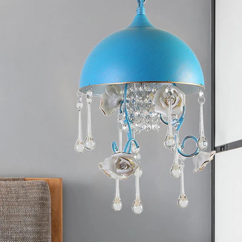 Blue Iron Pendant Chandelier with Crystal Drop and Rose Decor - Set of 3 Bulbs