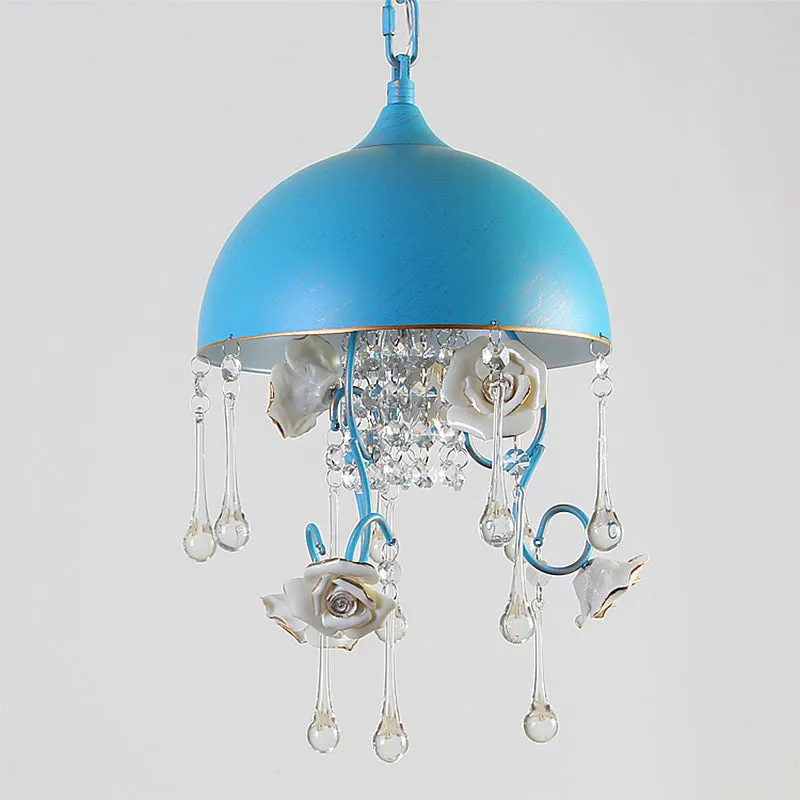 Blue Iron Pendant Chandelier with Crystal Drop and Rose Decor - Set of 3 Bulbs