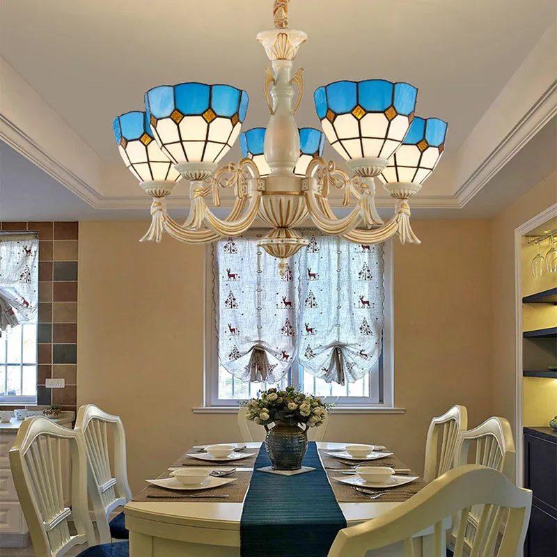 Blue Mediterranean Glass Pendant Light: 5-Light Bowl Chandelier for Elegant Hall Ambiance