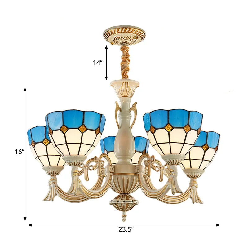 Blue Mediterranean Glass Pendant Light: 5-Light Bowl Chandelier for Elegant Hall Ambiance