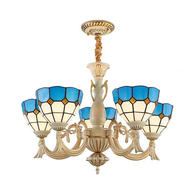 Blue Mediterranean Glass Pendant Light: 5-Light Bowl Chandelier for Elegant Hall Ambiance