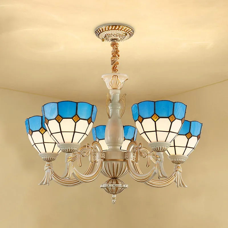 Blue Mediterranean Glass Pendant Light: 5-Light Bowl Chandelier for Elegant Hall Ambiance