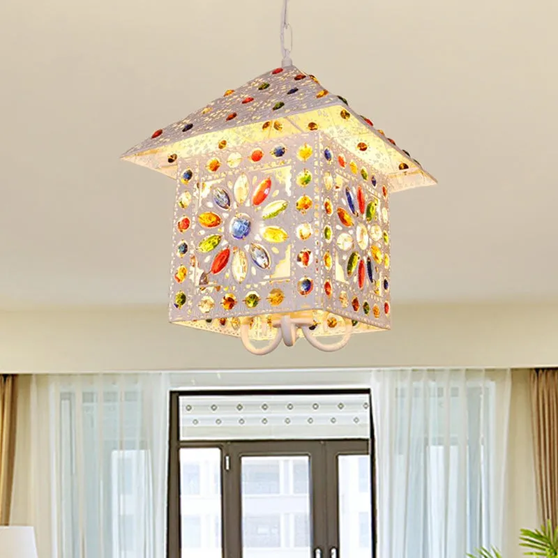 Bohemia House Shade Chandelier - Elegant Metal Pendant Lamp with Crystal Gem and White Finish