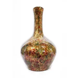 Brown Orange Red Green Ceramic Foil and Lacquer Long Neck Bottle Vase