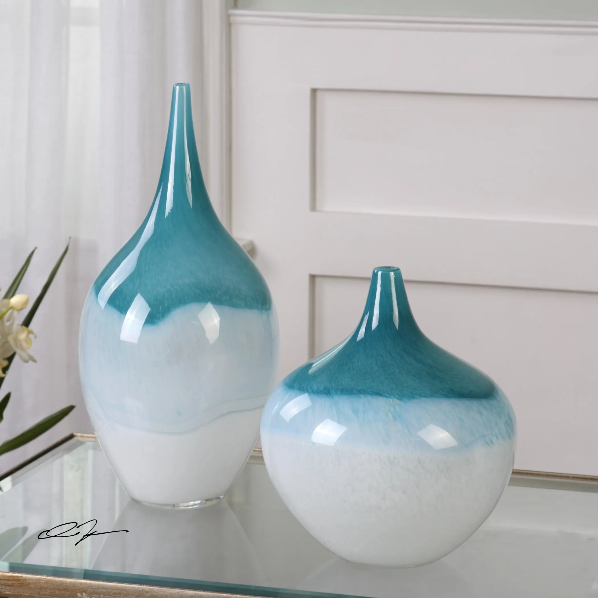 Carla Teal White Vases, S/2