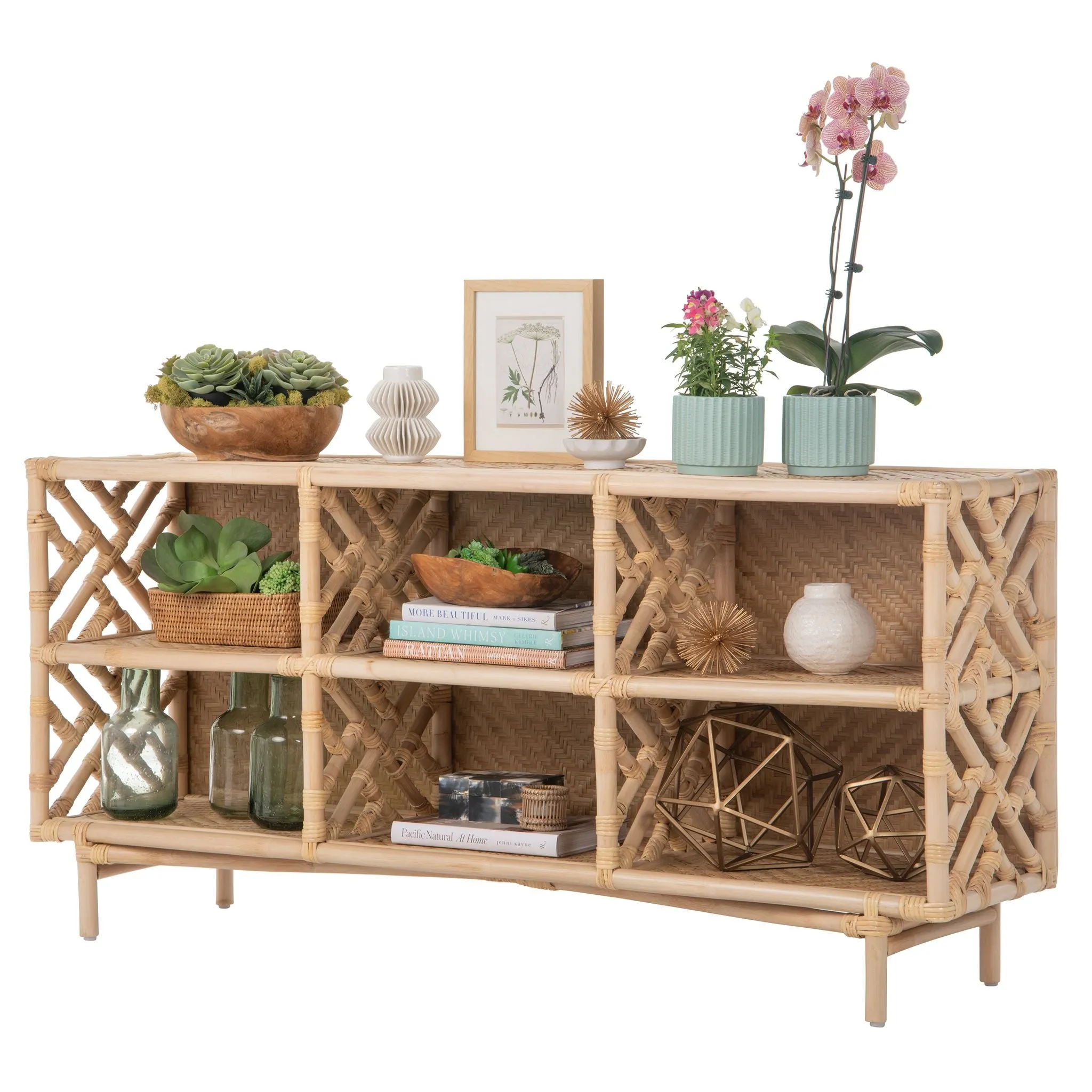 Chippendale Rattan Bookshelf & Console Table with 6 Slots for Storage - Freestanding Display Unit with Fixed Shelves