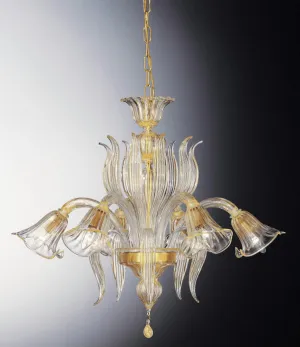 Clear Murano Glass Chandelier With 6 Golden Lily-Shaped Lights