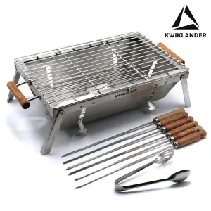 Compact Portable Foldable Stainless Steel Tandoor Charcoal Barbeque BBQ Grill Set with 6 Skewers, Tongs, Bag, Charcoal Tray   Top Cooking Grate