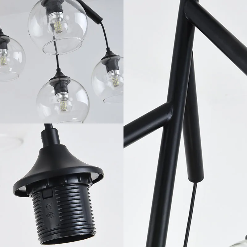 Contemporary 4-Light Metal Branch Chandelier: Black Hanging Pendant with Clear Glass Shade