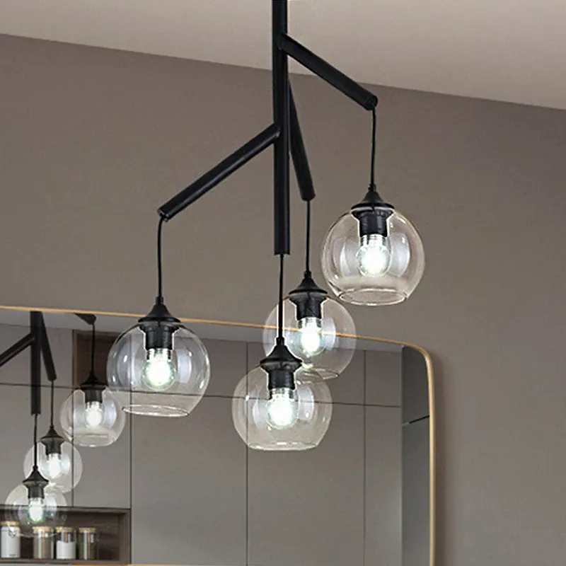 Contemporary 4-Light Metal Branch Chandelier: Black Hanging Pendant with Clear Glass Shade