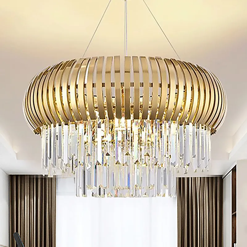 Contemporary 5-Light Crystal Hanging Ceiling Light with Gold Lantern Chandelier Design