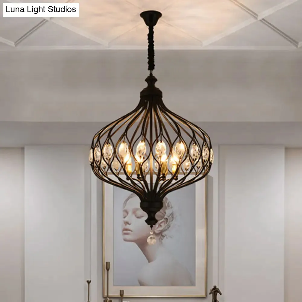 Contemporary Black/Gold Lantern Chandelier with Crystal Encrusted Hanging Lamp Kit - 4/6 Lights