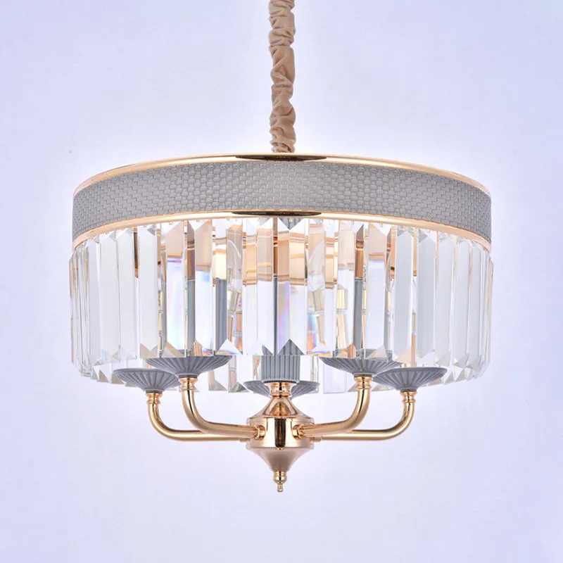 Contemporary Crystal Shade Drum Chandelier with Metal Arm - 5 Heads Pendant Lighting Fixture in Grey