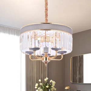 Contemporary Crystal Shade Drum Chandelier with Metal Arm - 5 Heads Pendant Lighting Fixture in Grey