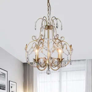 Contemporary Gold Chandelier Lantern with Clear Crystal Beads â€“ 3 Bulb Suspended Lighting Fixture