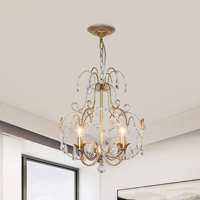 Contemporary Gold Chandelier Lantern with Clear Crystal Beads â€“ 3 Bulb Suspended Lighting Fixture