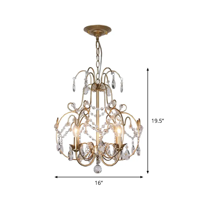 Contemporary Gold Chandelier Lantern with Clear Crystal Beads â€“ 3 Bulb Suspended Lighting Fixture