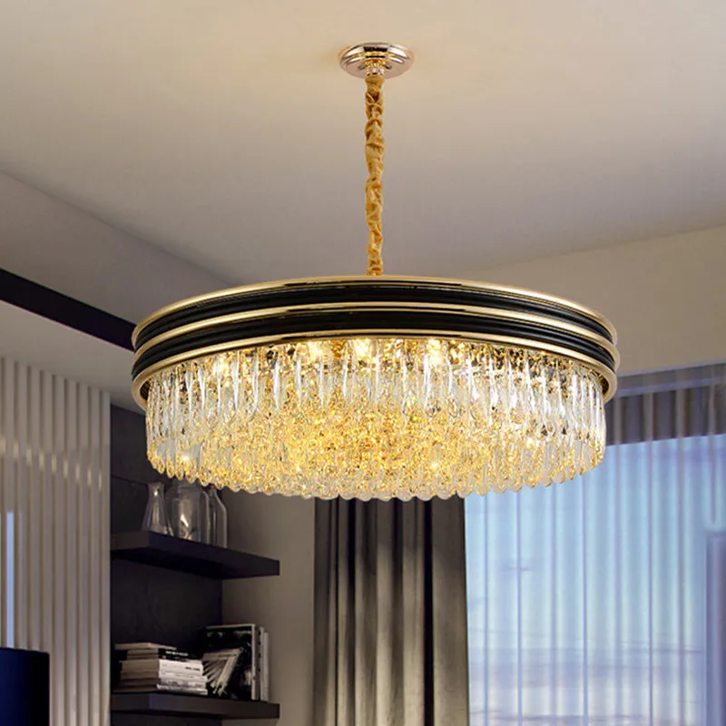 Crystal Ceiling Pendant: Minimalistic Black and Gold Ring Chandelier