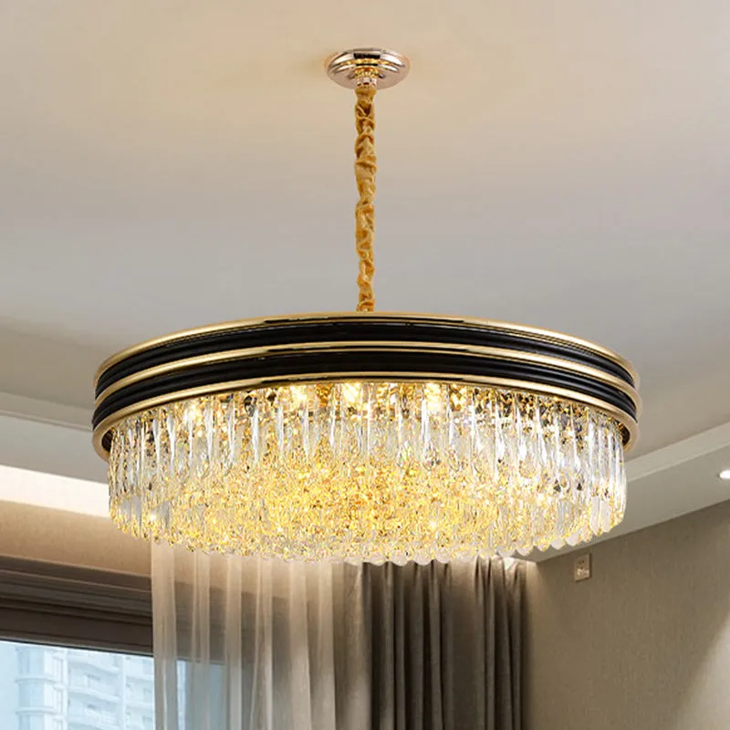 Crystal Ceiling Pendant: Minimalistic Black and Gold Ring Chandelier