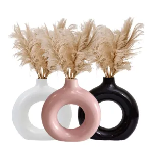 CS3HUB Home Decor Donut Vase | Flower Vase | Pampas Grass Vase | Glossy Ceramic Vase | Round Shaped Vase | Home Décor Centerpiece | 6 Inch Black, Pink & White Glossy Combo (Pampass Grass Not Included)