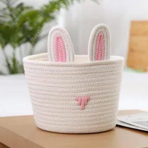 Cute Rabbit Basket Woven With Cotton Rope (White)