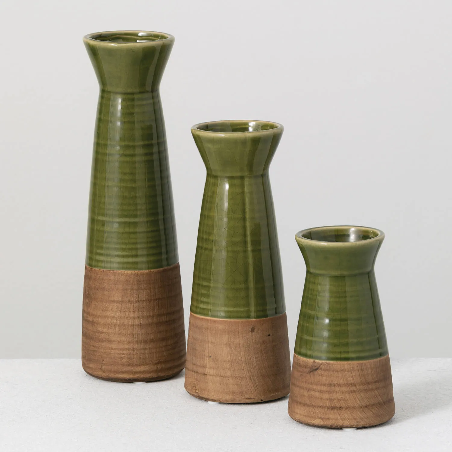 Earthy Two-Toned Brown and Green Ceramic Vases