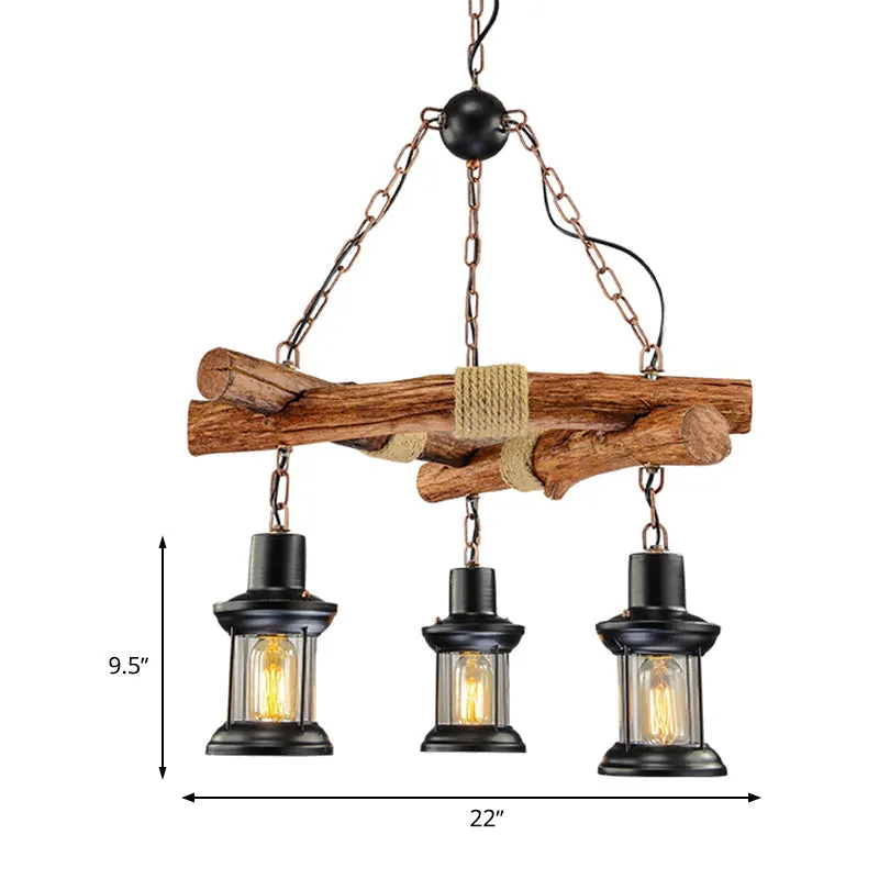 Farmhouse Lantern Chandelier: Clear Glass, 3 Lights, Black Ceiling Light Fixture