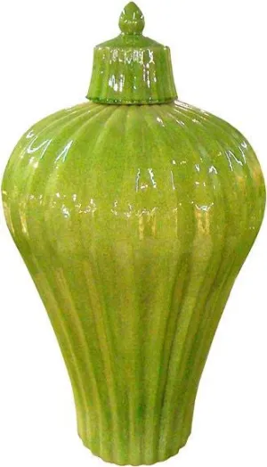 Fluted Lidded Prunus Vase - Lime Green