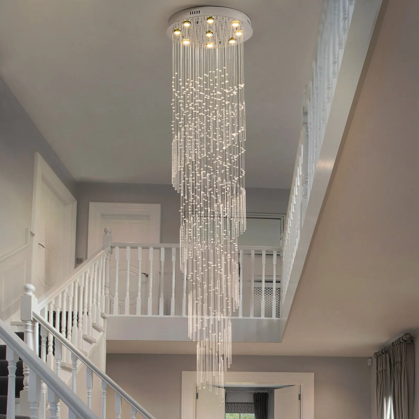 Glowlings 9-Light 98"H Modern Chrome Spiral Glass Crystal Foyer Chandelier For High Ceiling