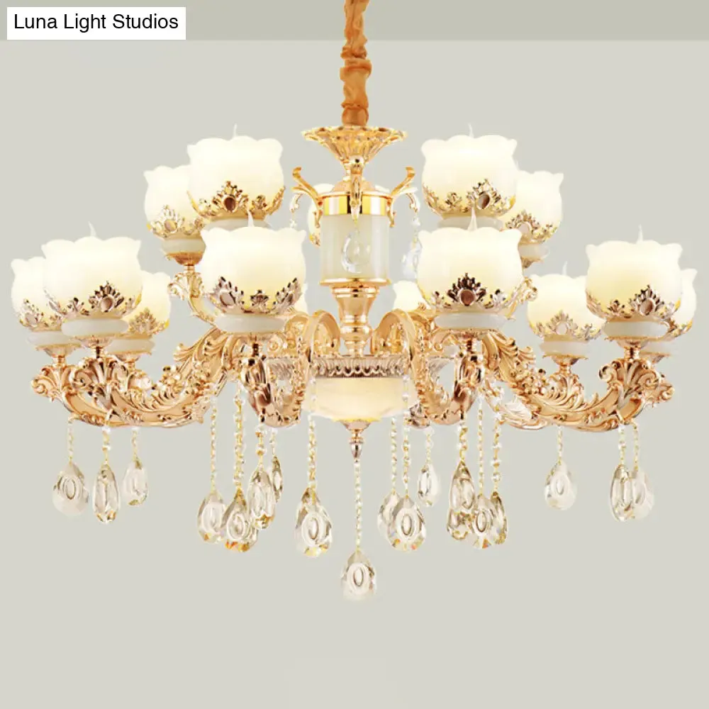 Gold Blossom Crystal Pendant Chandelier with Elegant Jade Shade