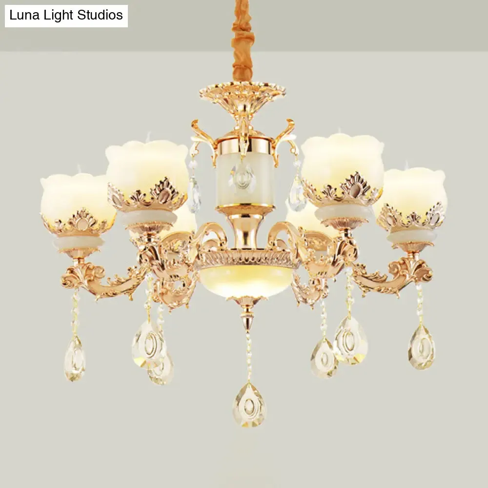 Gold Blossom Crystal Pendant Chandelier with Elegant Jade Shade