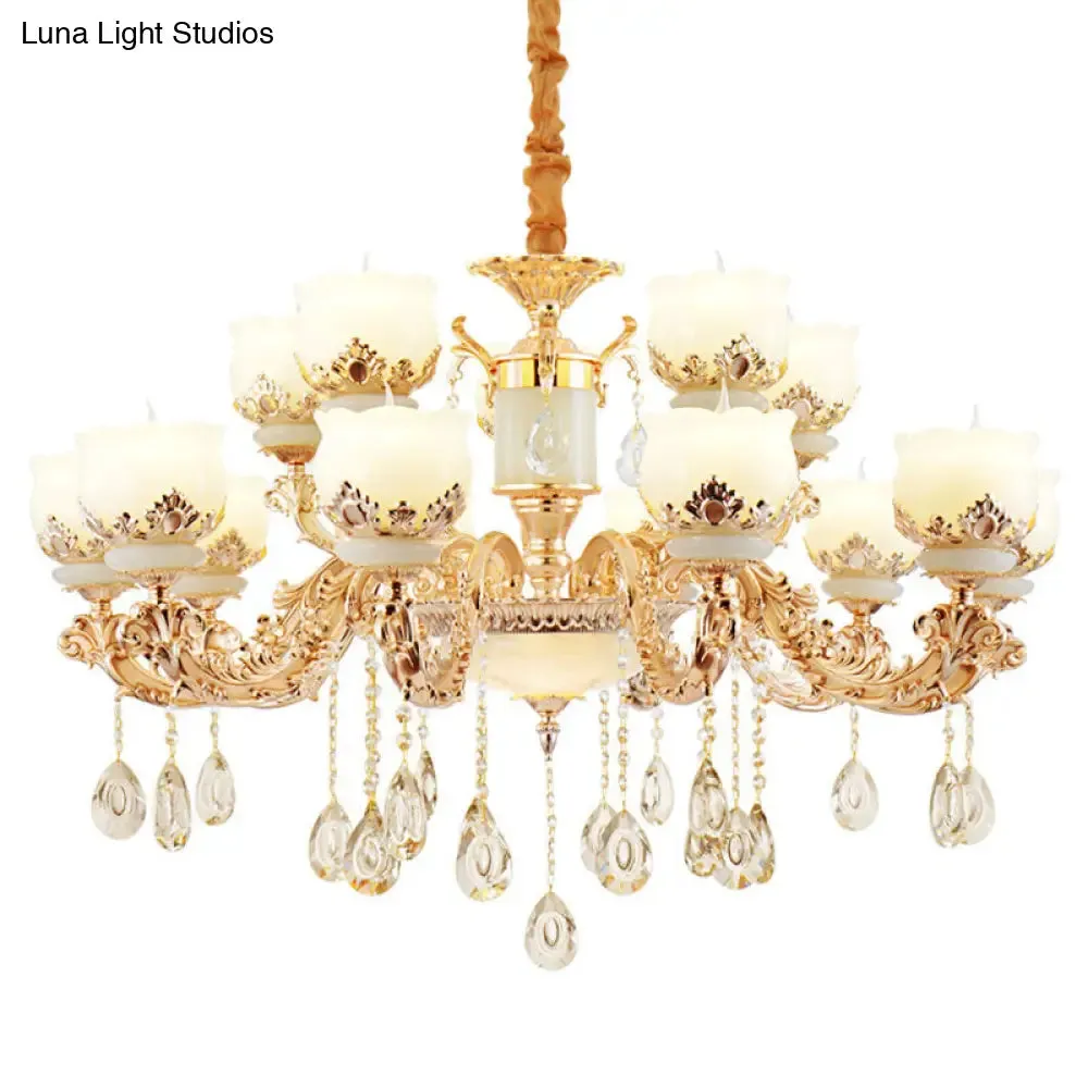 Gold Blossom Crystal Pendant Chandelier with Elegant Jade Shade