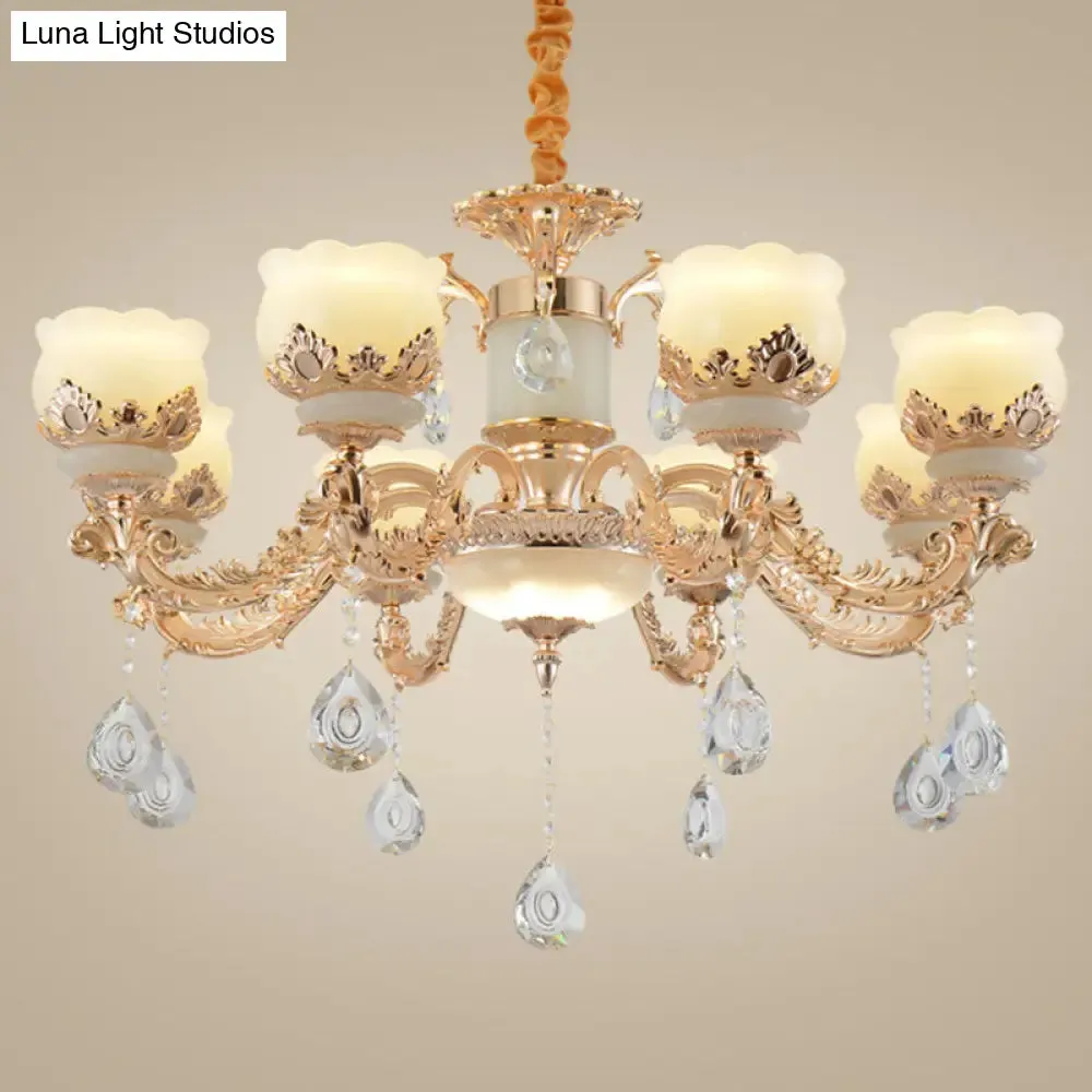 Gold Blossom Crystal Pendant Chandelier with Elegant Jade Shade