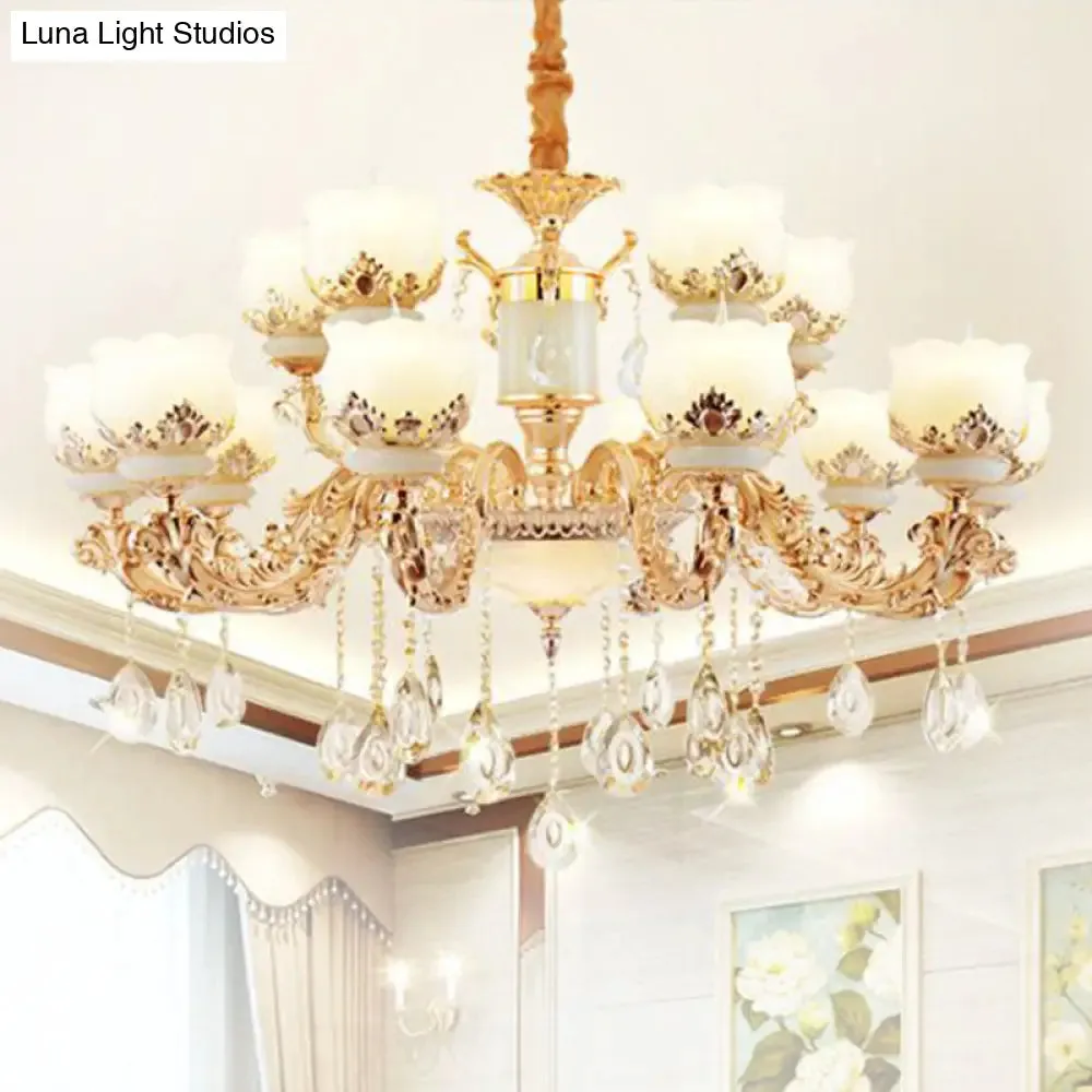 Gold Blossom Crystal Pendant Chandelier with Elegant Jade Shade